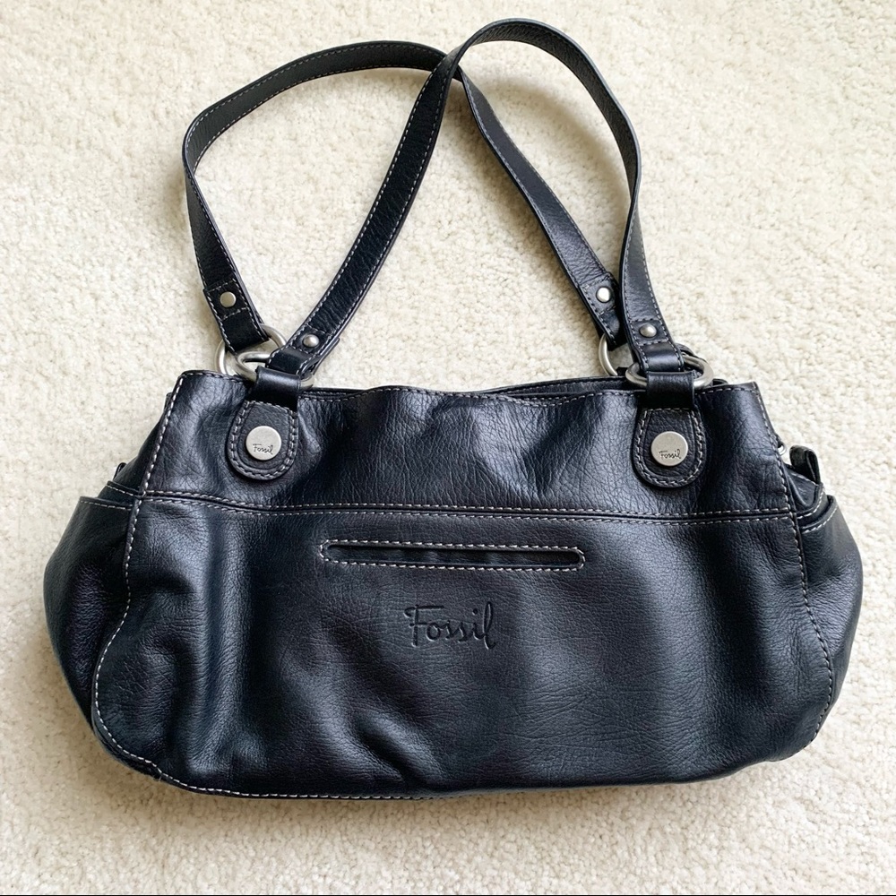 Fossil Black Leather Shoulder Purse with magnets